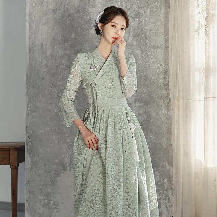 Korean Modern Hanbok Light Green Lace Dress Fancy Casual Daily Clothing Fusion Hanbok CHD211