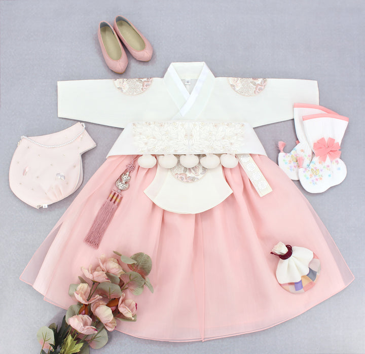 Hanbok Girl Baby Korea Traditional Clothing Set First Birthday Celebration Party Celebration 1–8 years Ivory Peach DGH103