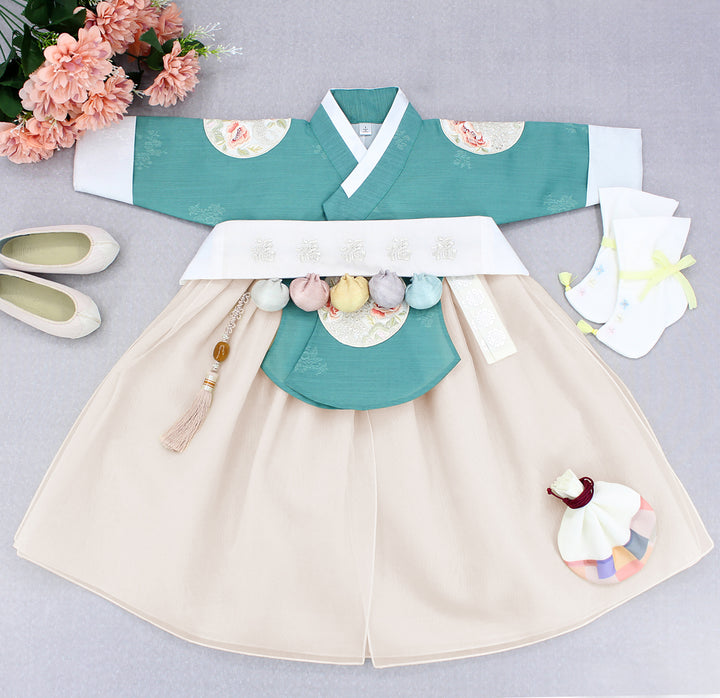 Hanbok Girl Baby Korea Traditional Clothing Set First Birthday Celebration Party Celebration 1–8 years Green Beige DGH105