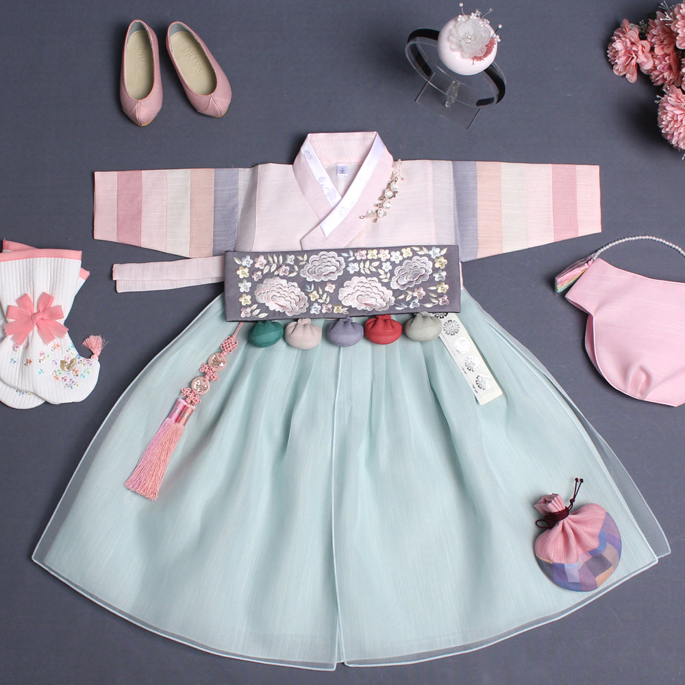 Hanbok Girl Baby Korea Traditional Clothing Set First Birthday Celebration Party Celebration 1–8 years 100th days Light Pink Mint 색동 DGH110