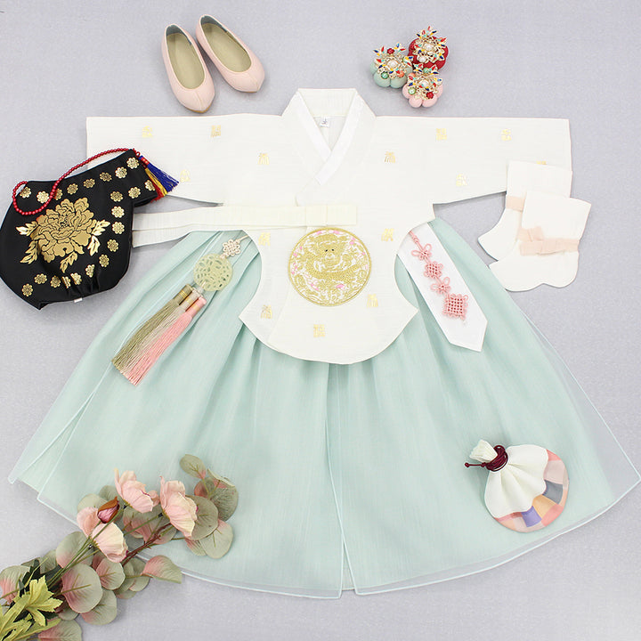 Hanbok Girl Baby Korea Traditional Clothing Set First Birthday Celebration Party 1–6 years 100th days Ivory Mint Gold Print DGH120