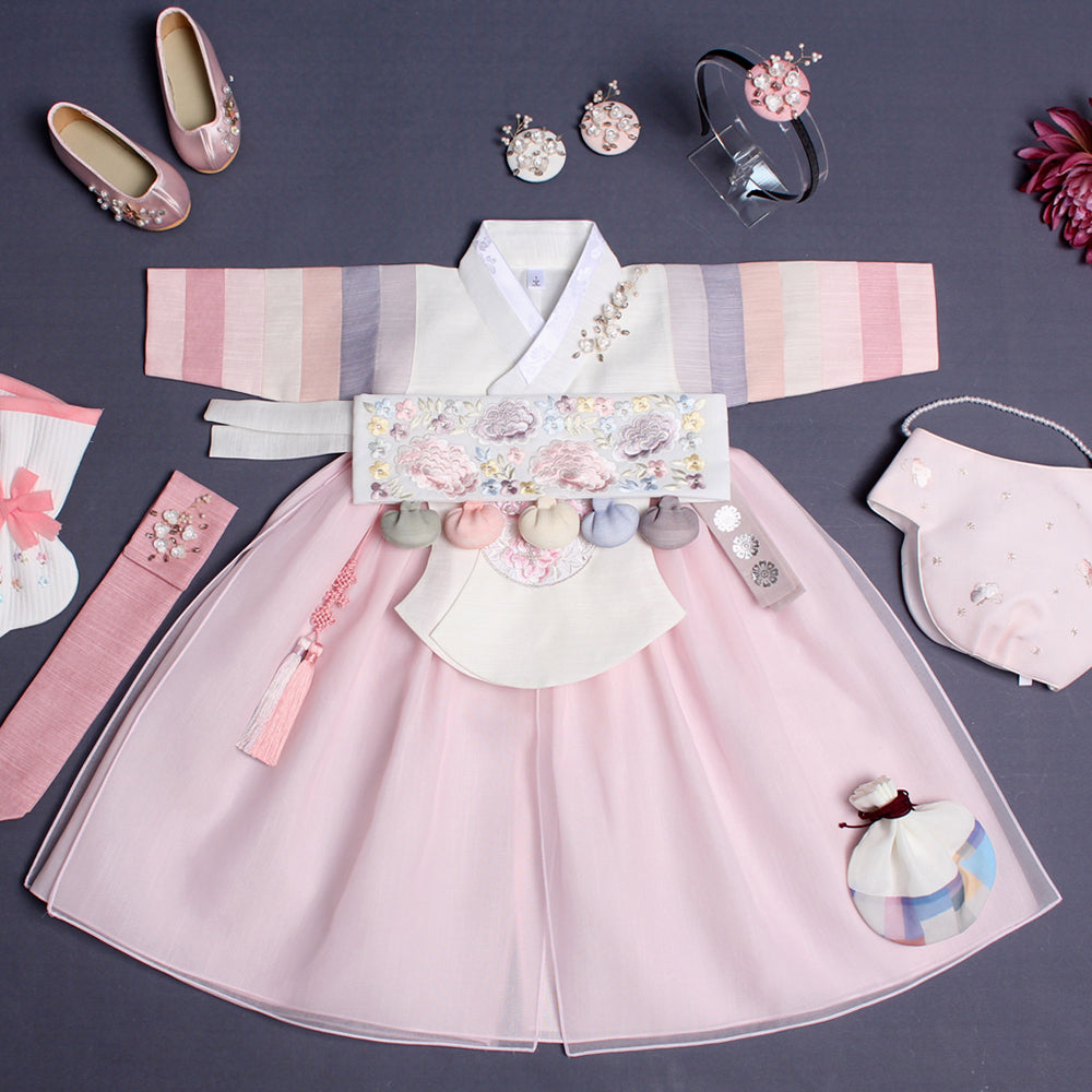 Hanbok Girl Baby Korea Traditional Clothing Set First Birthday Celebration Party Celebration 1–8 years 100th days Light Pink 색동 DGH111