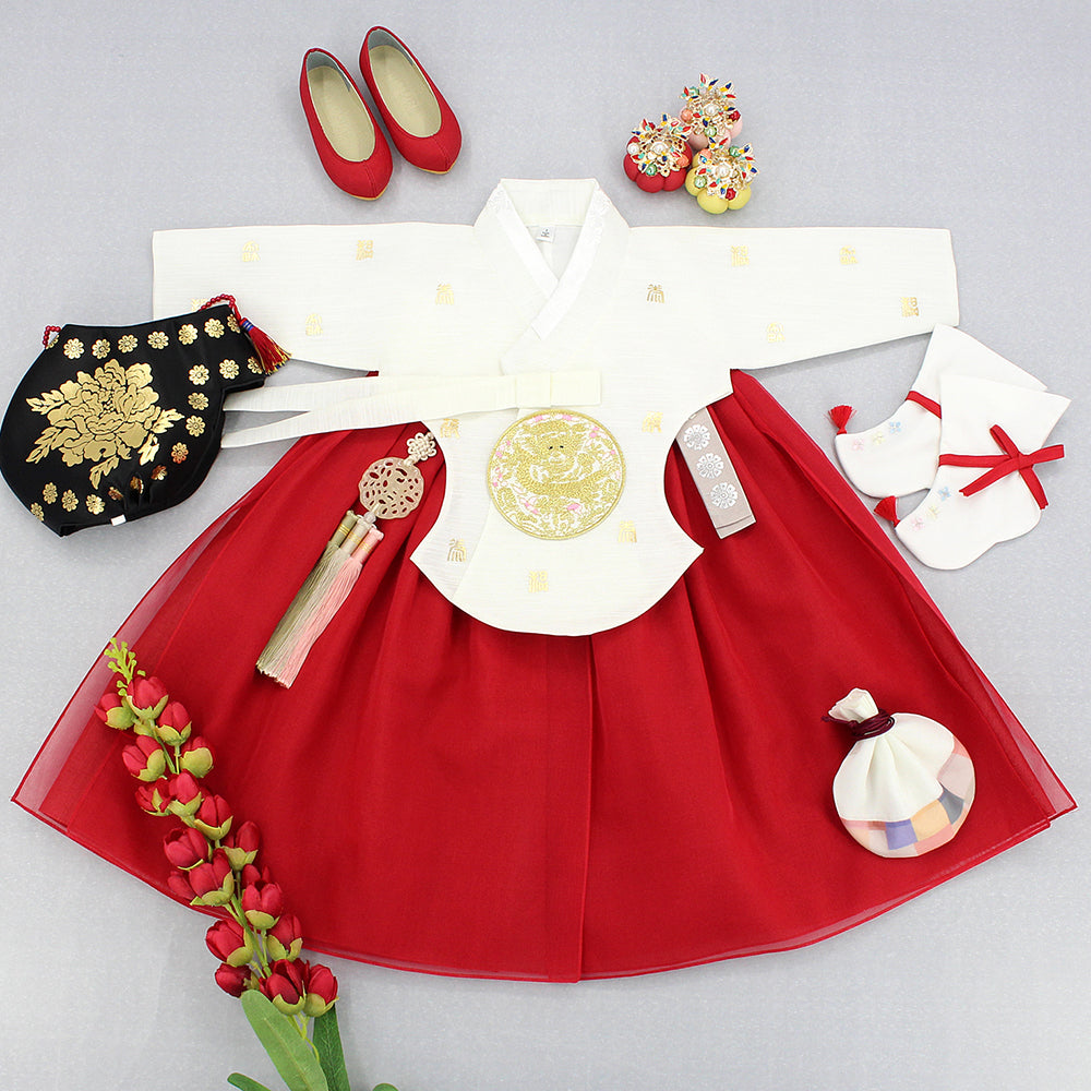 Hanbok Girl Baby Korea Traditional Clothing Set First Birthday Celebration Party 1–6 years 100th days Ivory Red Gold Print DGH122