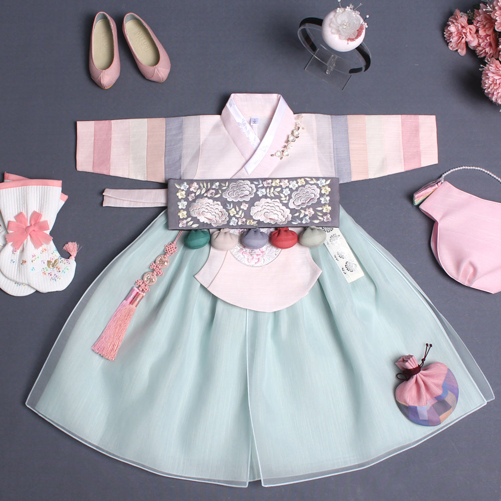 Hanbok Girl Baby Korea Traditional Clothing Set First Birthday Celebration Party Celebration 1–8 years Light Pink Mint 색동 DGH109