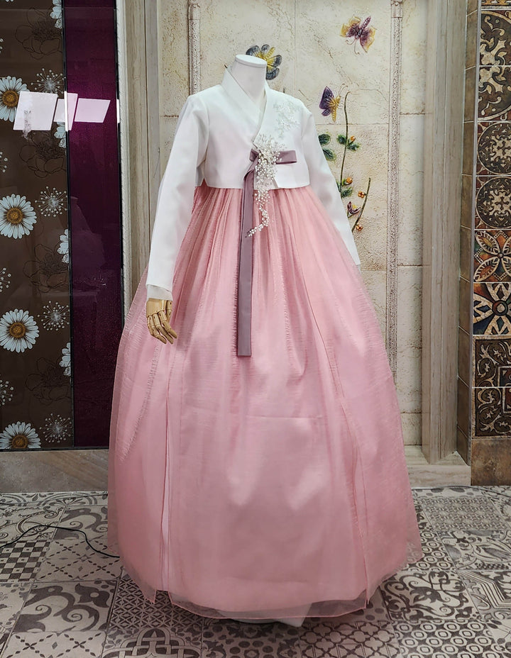 Korean Traditional Woman Personal Custom Hanbok Wedding Party Ceremony Ivory Peach Skirt Hanbok 145