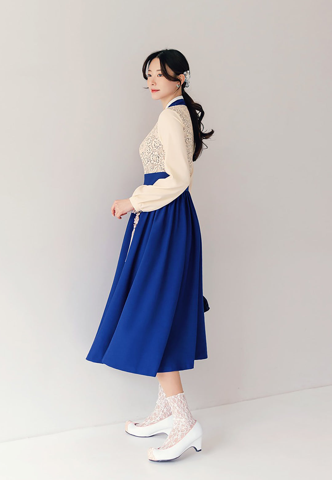 Woman Korean Modern Hanbok Lovely White Lace Dress Fancy Casual Daily Clothing Fusion Hanbok Party CHD410