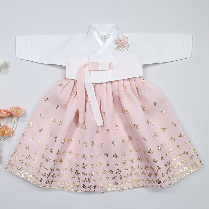 Hanbok Girl Baby Korea Traditional Clothing Set First Birthday Celebration Party 1–10 years 100th days Butterfly Gold Print DGH124