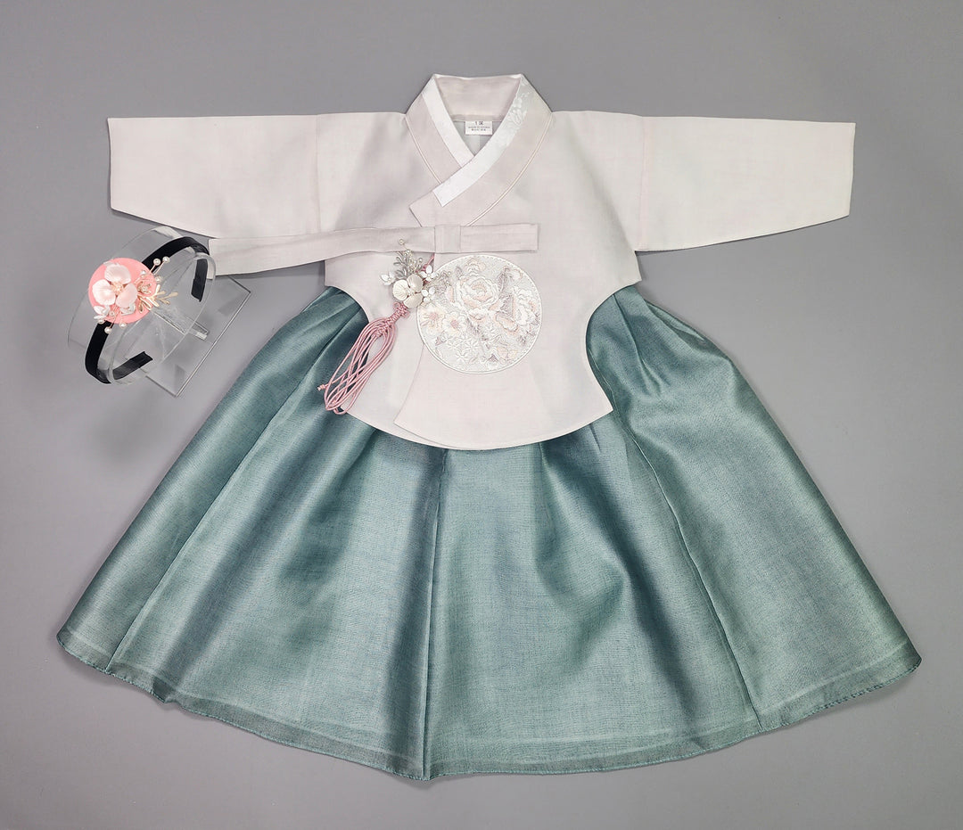 Hanbok Girl Baby Korea Traditional Clothing Set First Birthday Celebration Party 100th Birth1–15 years Ivory Green HG105