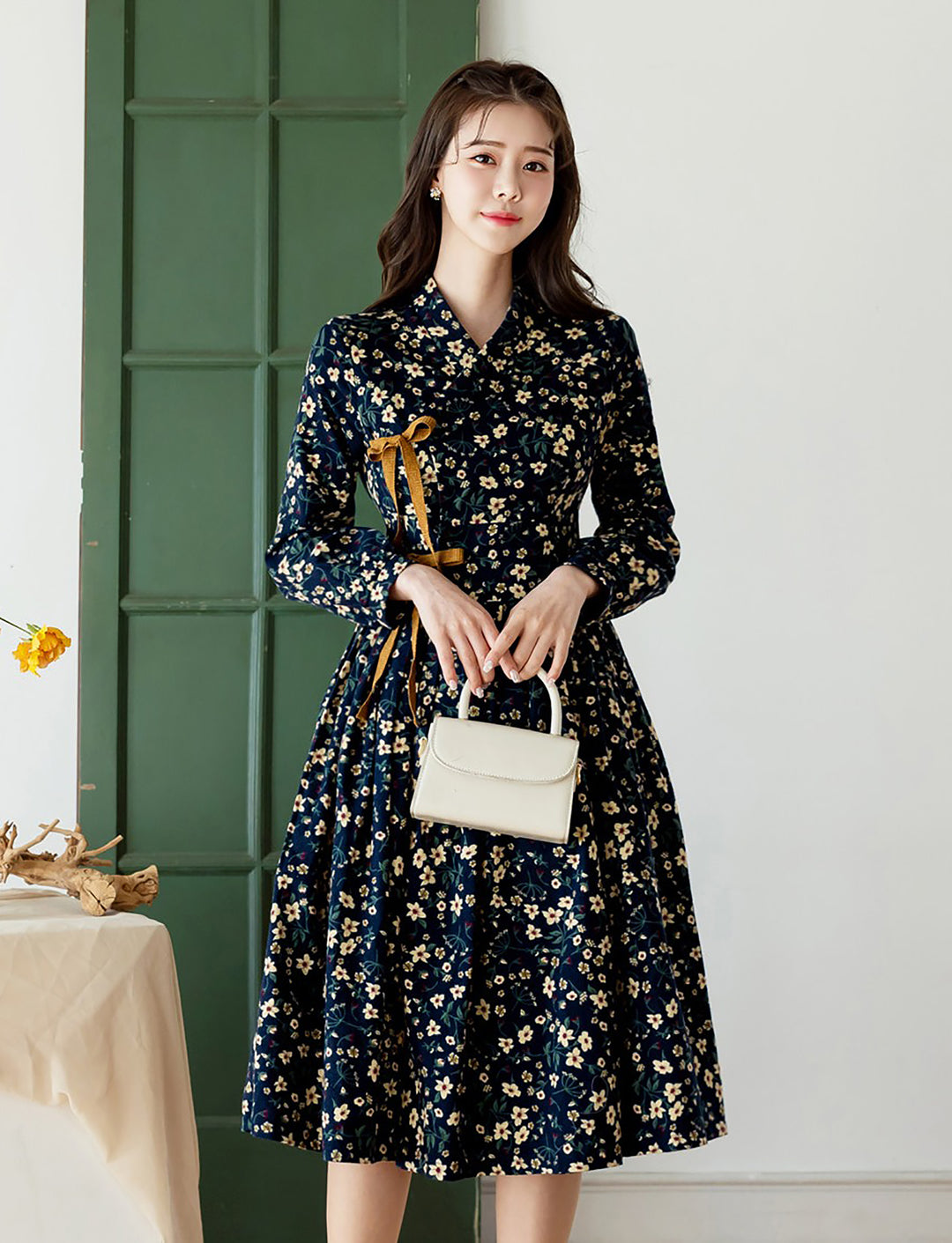 Korean Modern Hanbok Navy Fleece Dress Lace Wrapped Skirt Fancy Casual Daily Clothing Fusion Hanbok Party CHD319