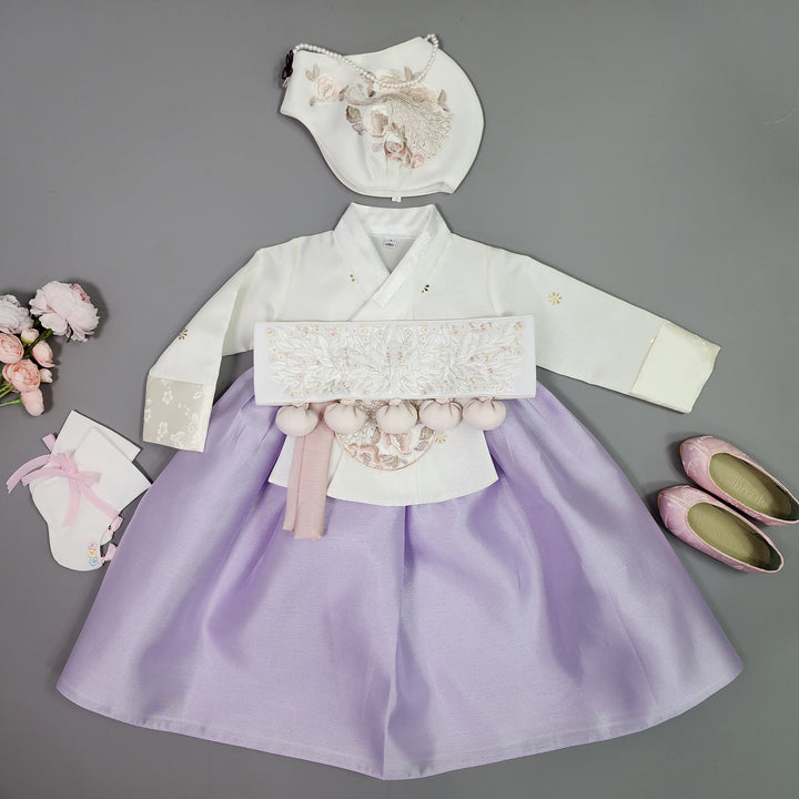 Hanbok Dress Girl Baby Korea Traditional Clothing Set First Birthday Celebration Party 1–15 years Ivory Violet OSG142