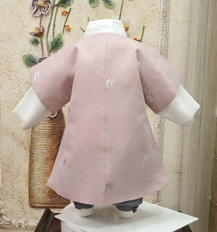 Korean Traditional Boy Baby Hanbok Dol Baikil Party Celebration 100th-10 Ages Pink Bird Silver Print HGB114