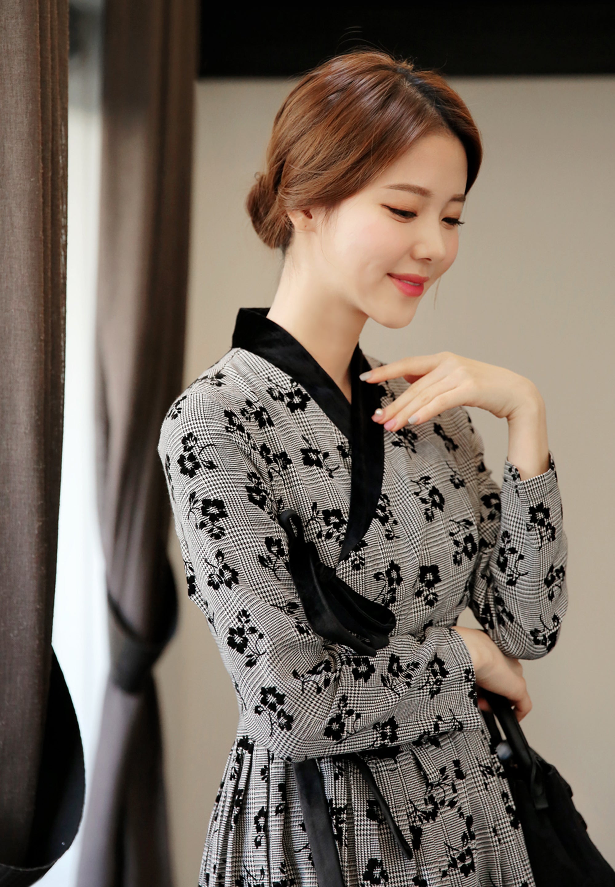 Modern Hanbok popular Dress Black Jacquard Pattern Chiffon Woman Female Korea Hanbok Dress Casual Daily Mom's hanbok Dol Party