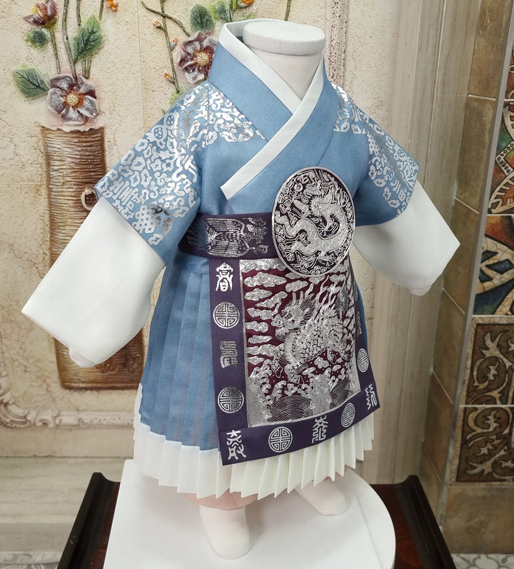 Korean Traditional Boy Baby Hanbok Dol Baikil Party Celebration 100th-10 Ages King Design Sky Blue GHB118