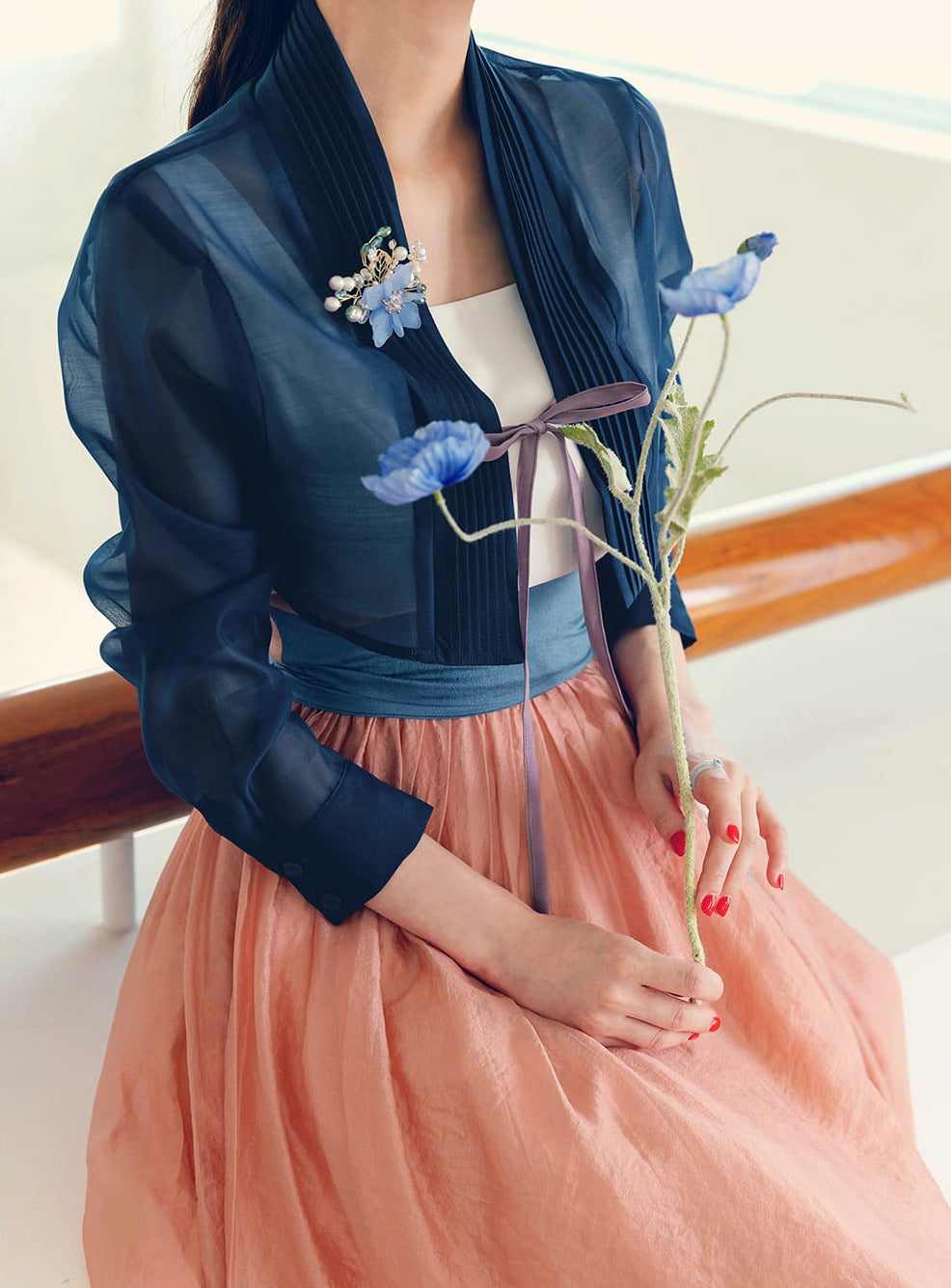 Korean Modern Hanbok Pink Dress Navy Jacket Fancy Casual Daily Clothing Fusion Hanbok Summer party CHD312