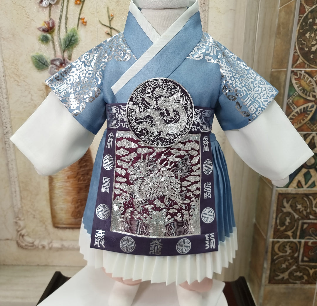 Korean Traditional Boy Baby Hanbok Dol Baikil Party Celebration 100th-10 Ages King Design Sky Blue GHB118