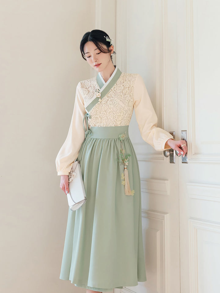 Woman Korean Modern Hanbok Lovely Ivory Lace Dress Fancy Casual Daily Clothing Fusion Hanbok Party CHD409