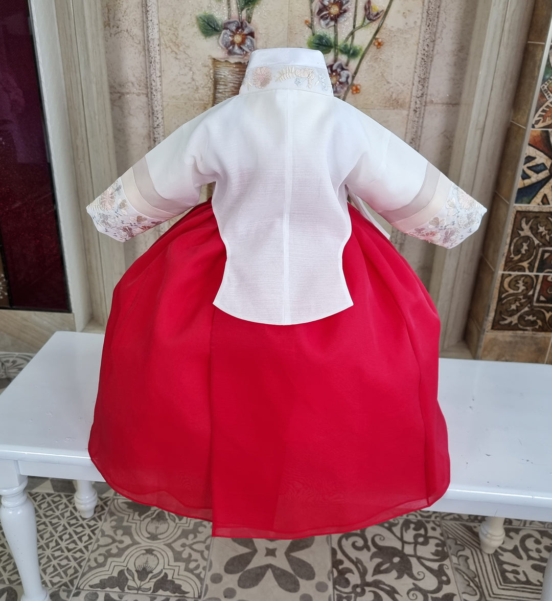 Hanbok Girl Baby Korea Traditional Clothing Set First Birthday Celebration Party 100th Birth Celebration 1–15 years White Embroidery Red HG157