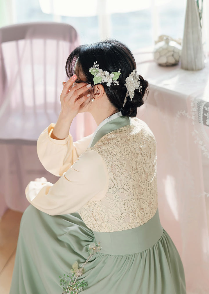 Woman Korean Modern Hanbok Lovely Ivory Lace Dress Fancy Casual Daily Clothing Fusion Hanbok Party CHD409