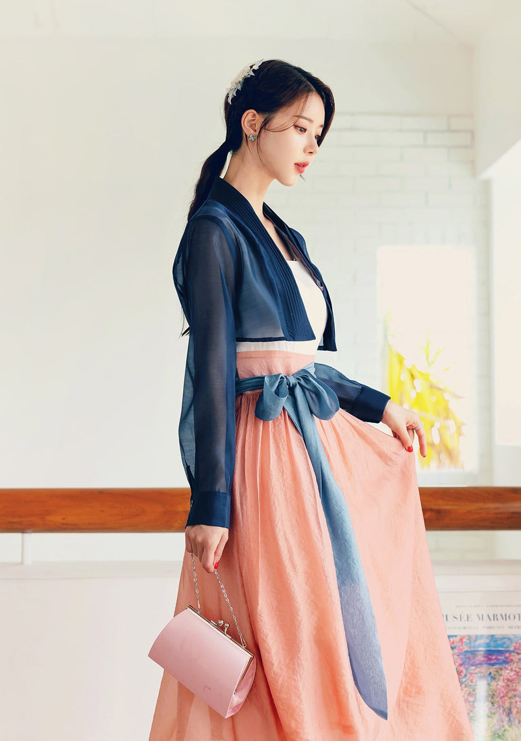 Korean Modern Hanbok Pink Dress Navy Jacket Fancy Casual Daily Clothing Fusion Hanbok Summer party CHD312