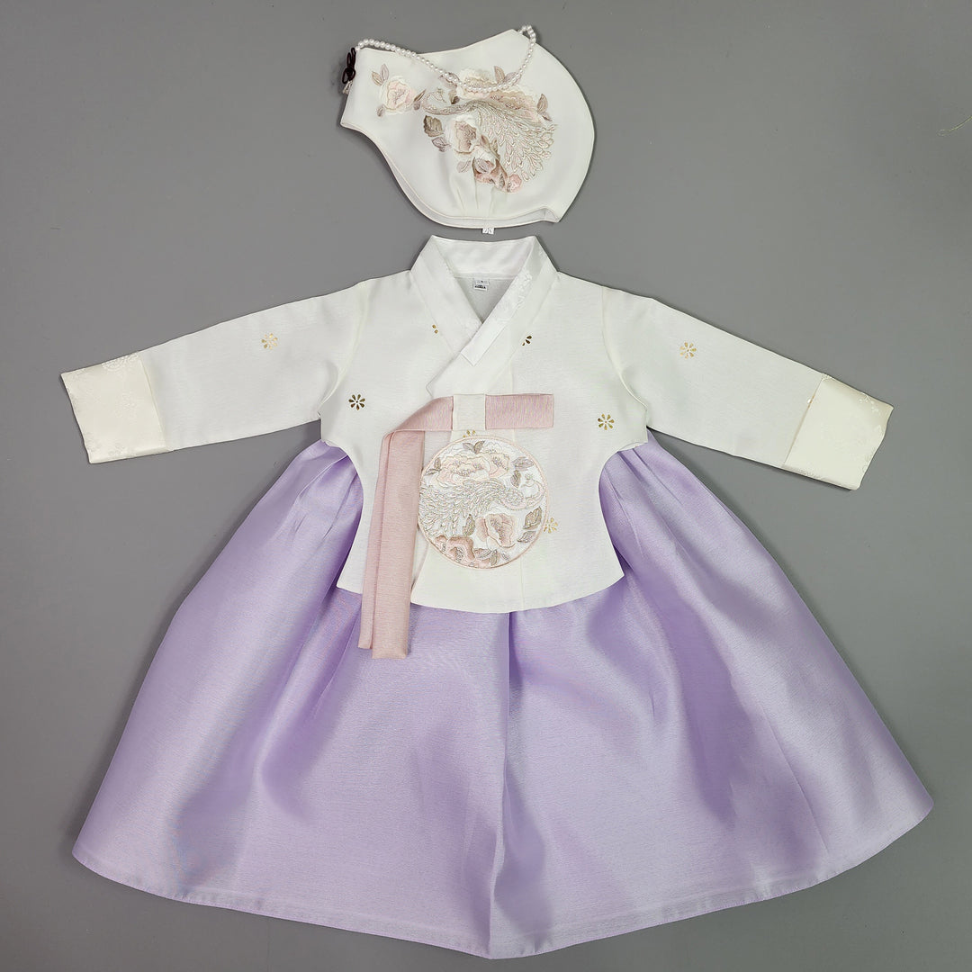 Hanbok Dress Girl Baby Korea Traditional Clothing Set First Birthday Celebration Party 1–15 years Ivory Violet OSG142