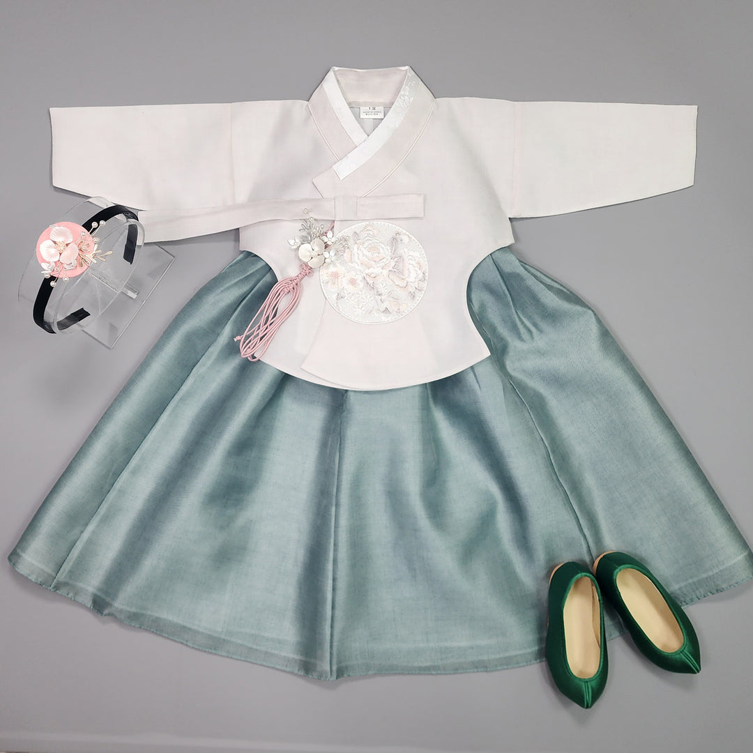 Hanbok Girl Baby Korea Traditional Clothing Set First Birthday Celebration Party 100th Birth1–15 years Ivory Green HG105