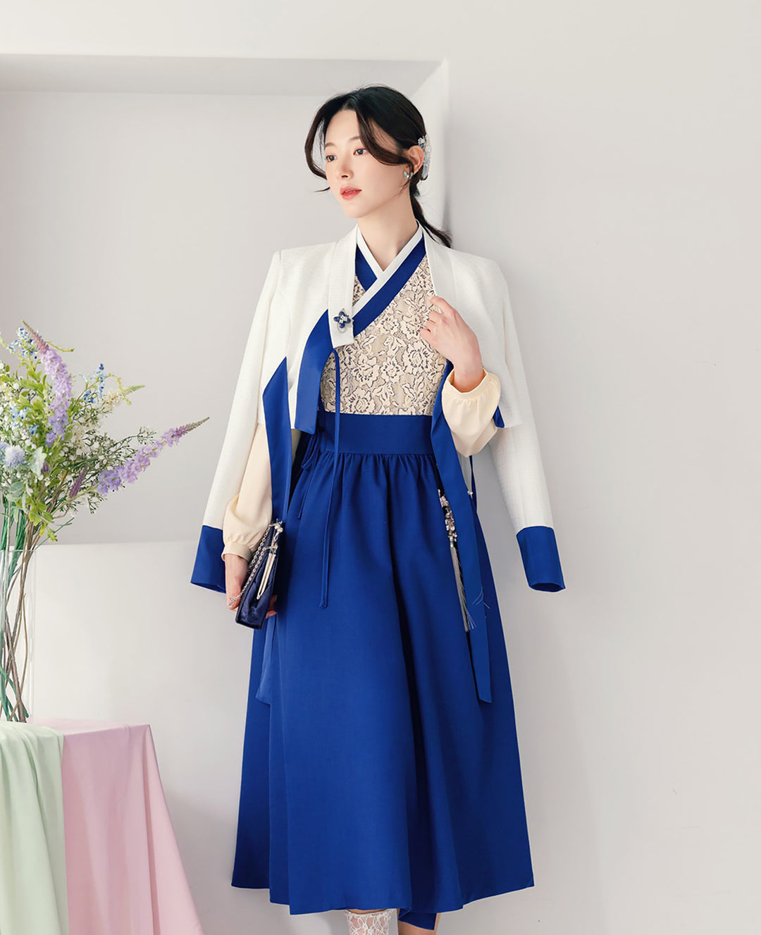 Woman Korean Modern Hanbok Lovely White Lace Dress Fancy Casual Daily Clothing Fusion Hanbok Party CHD410