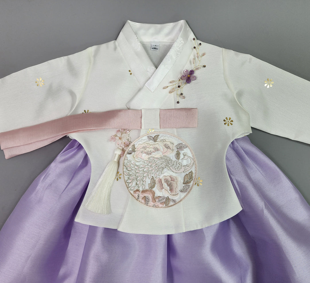 Hanbok Dress Girl Baby Korea Traditional Clothing Set First Birthday Celebration Party 1–15 years Ivory Violet OSG142