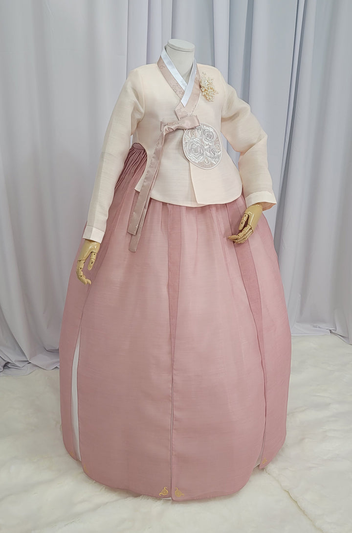 Korean Traditional Fancy Woman Personal Custom Hanbok Wedding Party Ceremony Mom Daughter Couple Look Beige Dark Pink Hanbok OSF135