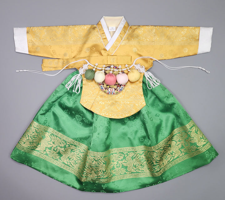 Hanbok Girl Baby Korea Traditional Clothing Set First Birthday Celebration Party Celebration 1–10 Years Green Skirt Gold Print HG121