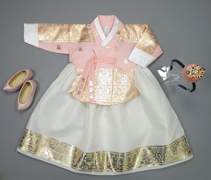 Korea Traditional Hanbok Girl Baby Lovely Pink Gold Print Baikil 1-10 Years 1st Birthday Party GOG101