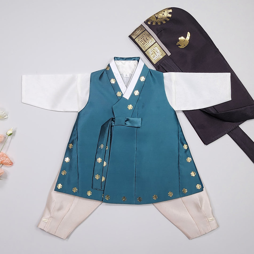 Korean Traditional Hanbok Boy Baby Dol Baikil Party Celebration 100th-10 Ages 1st Birthday Blue-Green GHB202