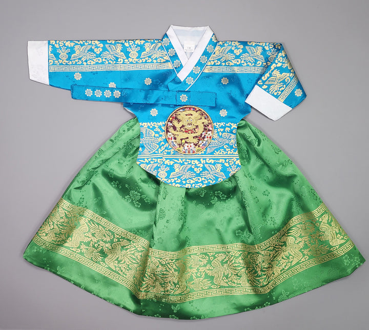 Hanbok Girl Baby Korea Traditional Clothing Set First Birthday Celebration Party Celebration 1–10 Years Blue Green Skirt Gold Print HG123