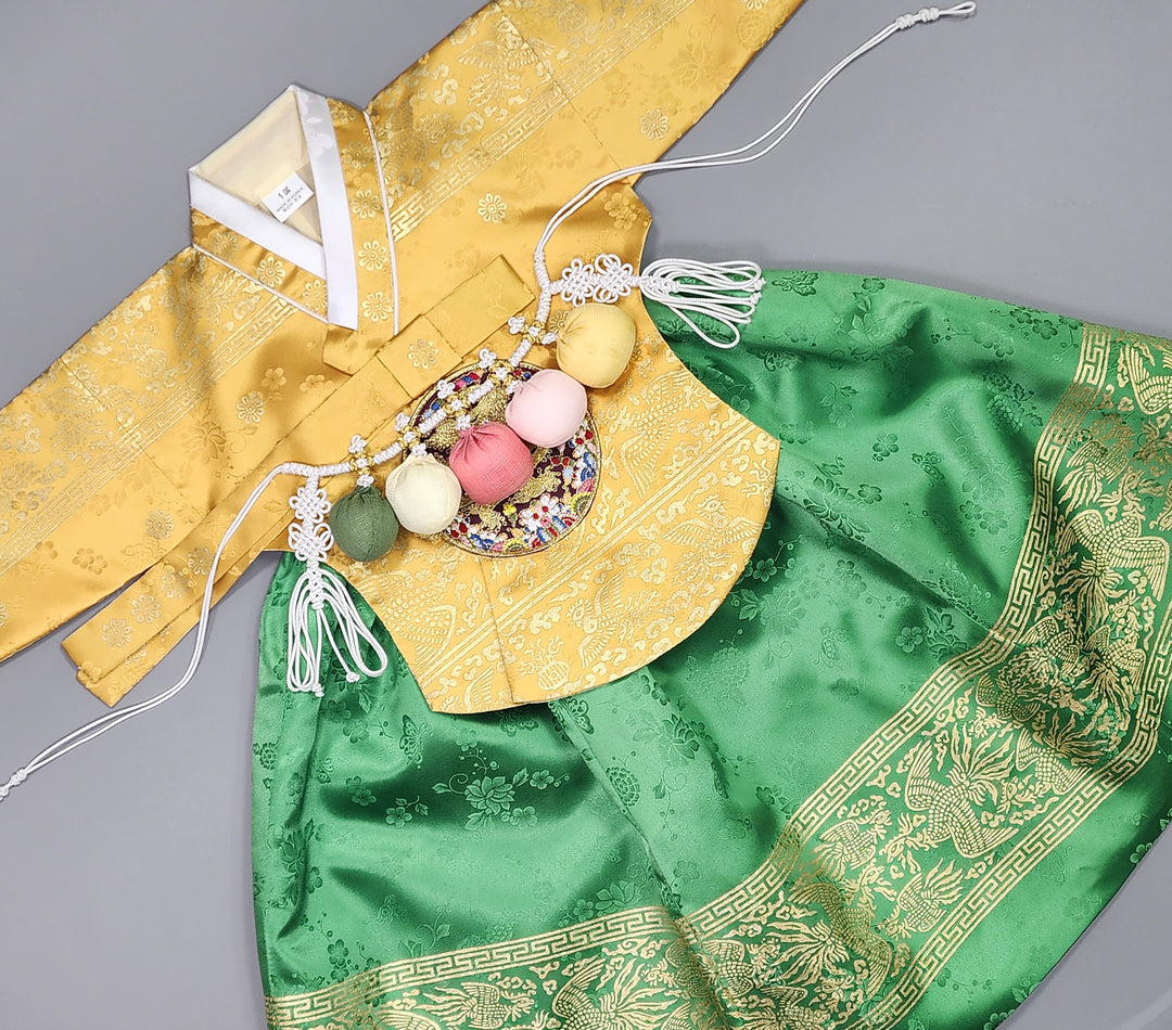 Hanbok Girl Baby Korea Traditional Clothing Set First Birthday Celebration Party Celebration 1–10 Years Green Skirt Gold Print HG121