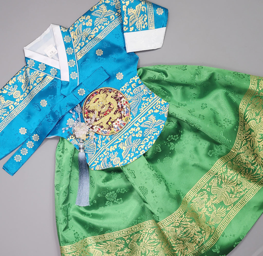 Hanbok Girl Baby Korea Traditional Clothing Set First Birthday Celebration Party Celebration 1–10 Years Blue Green Skirt Gold Print HG123