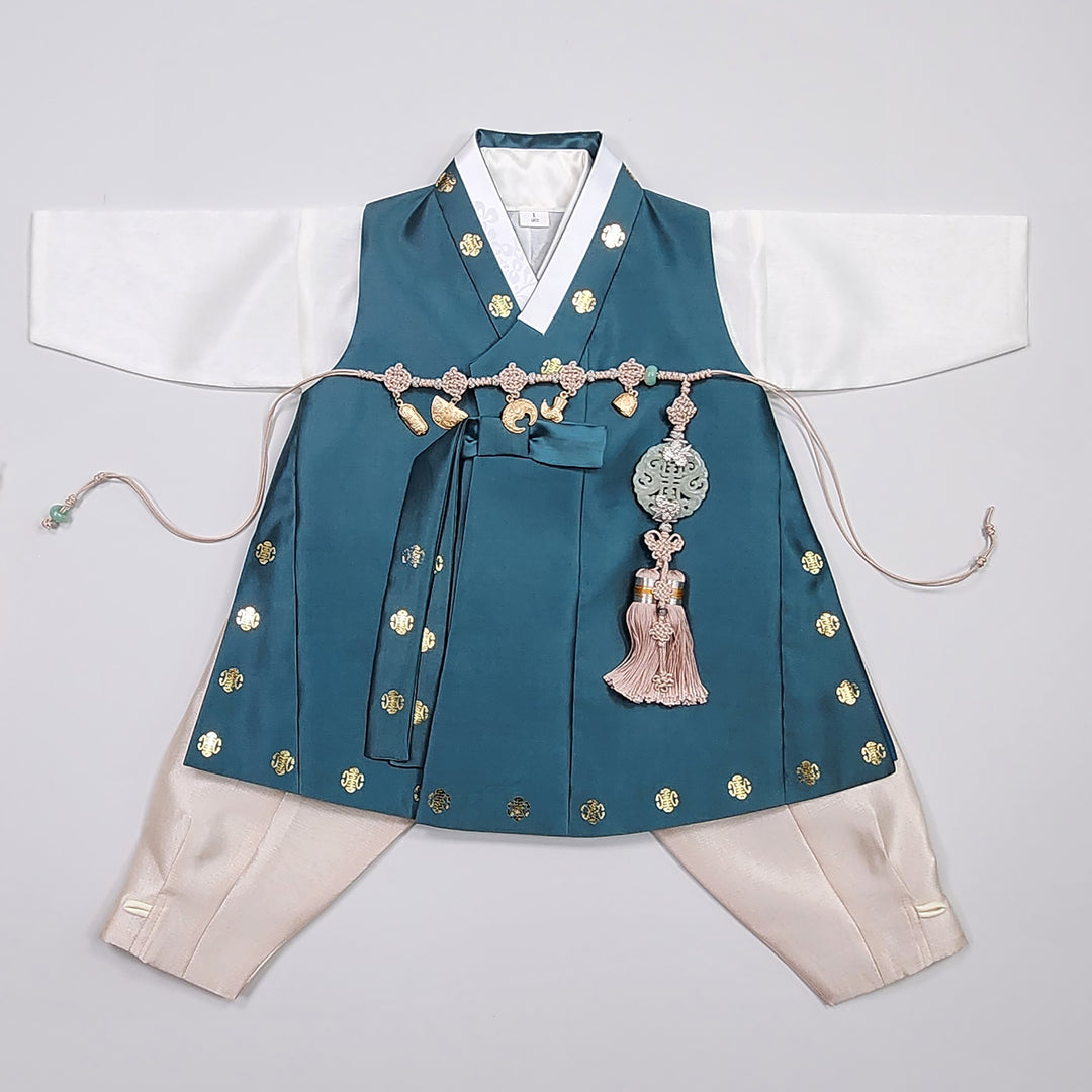 Korean Traditional Hanbok Boy Baby Dol Baikil Party Celebration 100th-10 Ages 1st Birthday Blue-Green GHB202