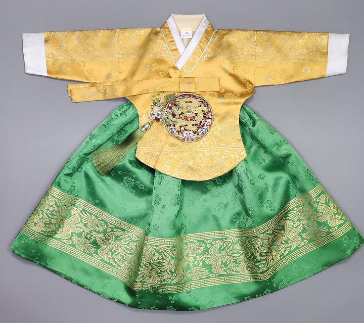 Hanbok Girl Baby Korea Traditional Clothing Set First Birthday Celebration Party Celebration 1–10 Years Green Skirt Gold Print HG121