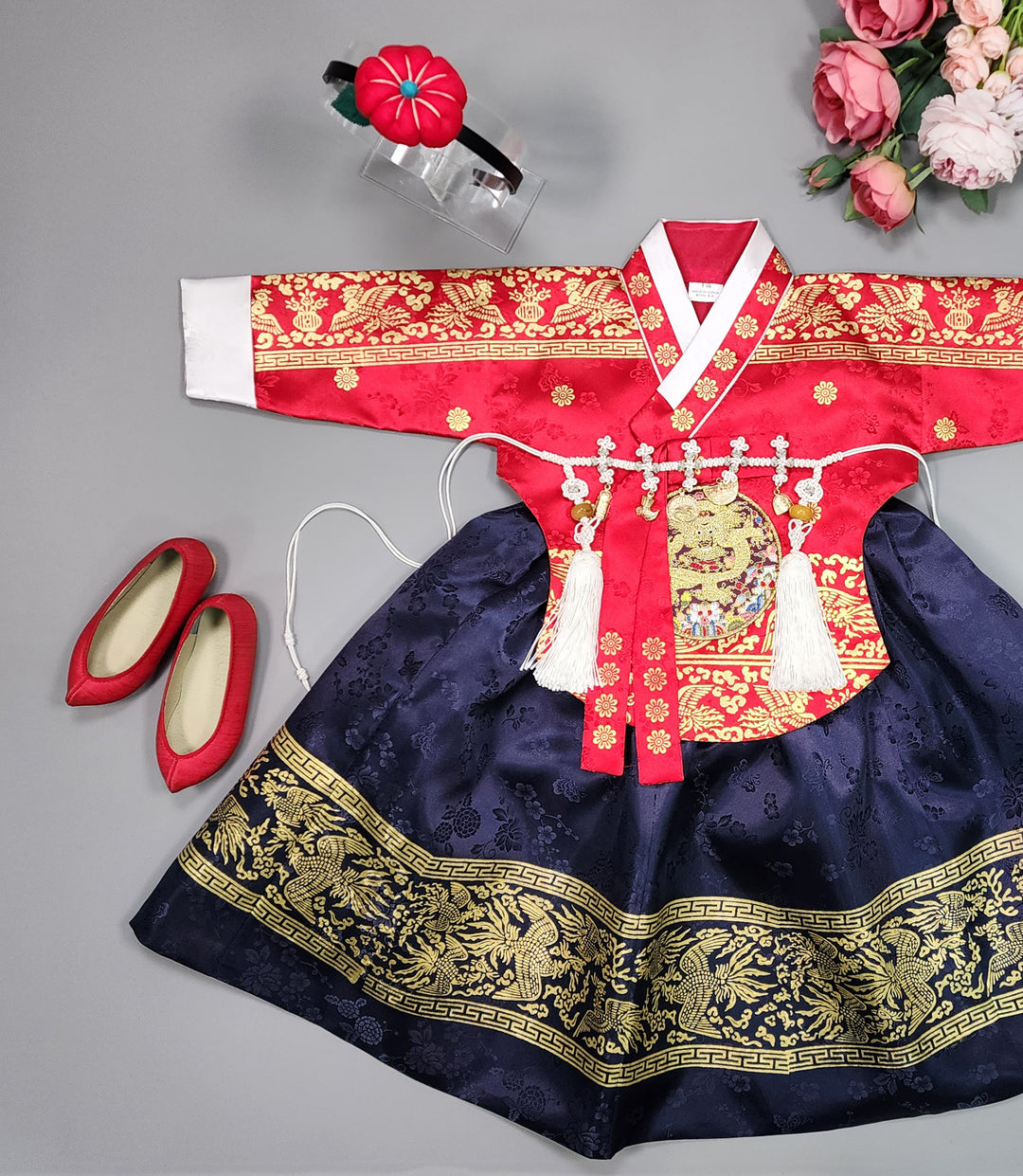 Hanbok Girl Baby Korea Traditional Clothing Set First Birthday Celebration Party Celebration 1–10 Years Red Navy Gold Print HG114