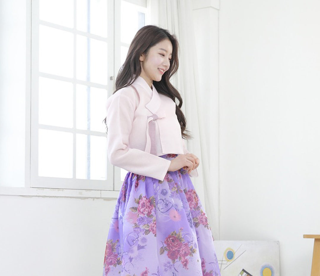 Korean Modern Daily Hanbok Casual Modernized Party Celebration Dress Top Jeogori Skirt Light Pink Violet SSN015