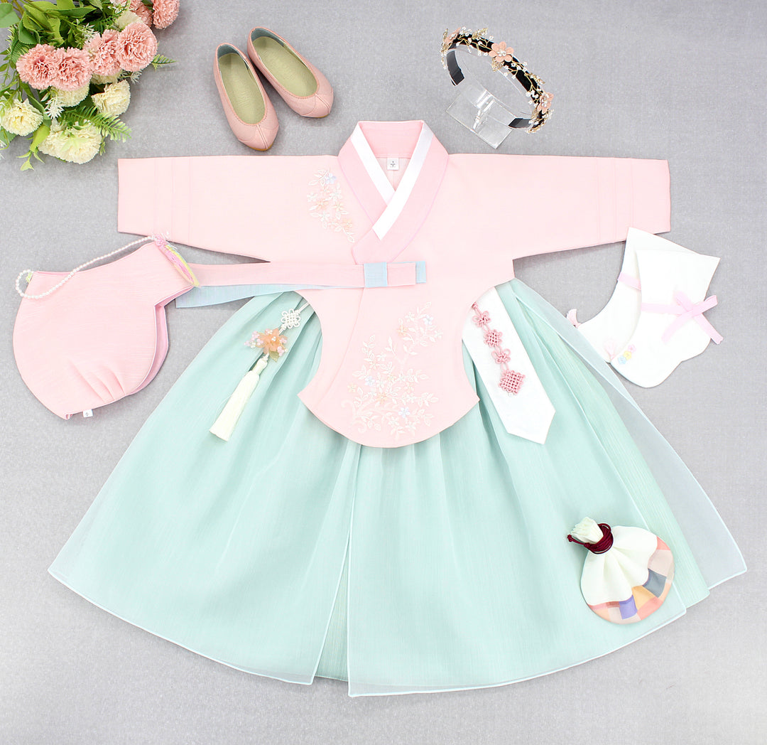 Hanbok Girl Baby Korea Traditional Clothing Set First Birthday Celebration Party Celebration 1–8 years Pink Mint Embroidery DGH107