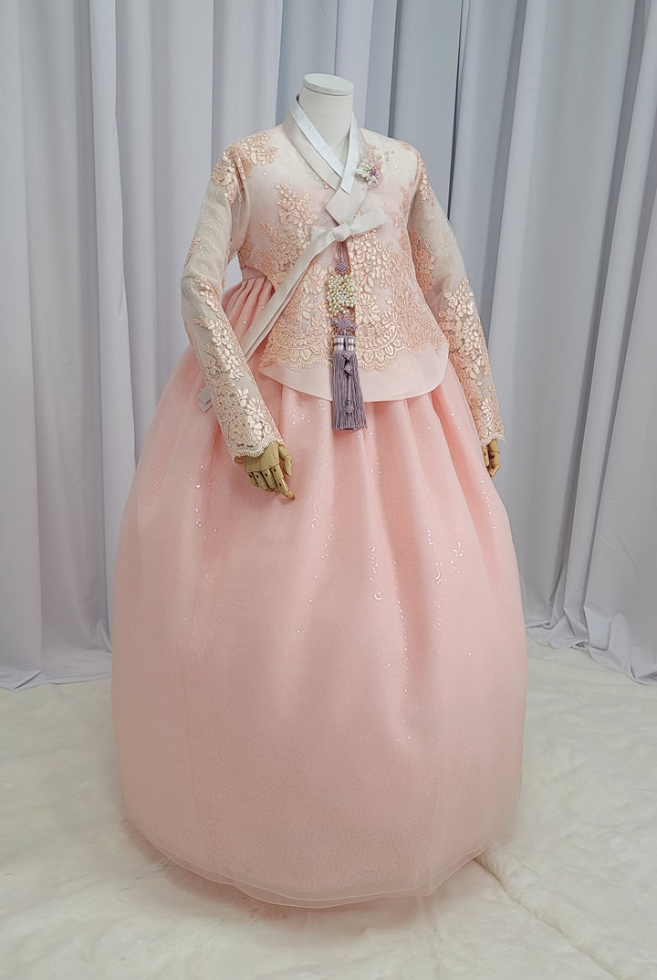 Korean Traditional Fancy Woman Personal Custom Hanbok Wedding Party Ceremony Mom Daughter Couple Look Pink Peach Lace Hanbok OSF138