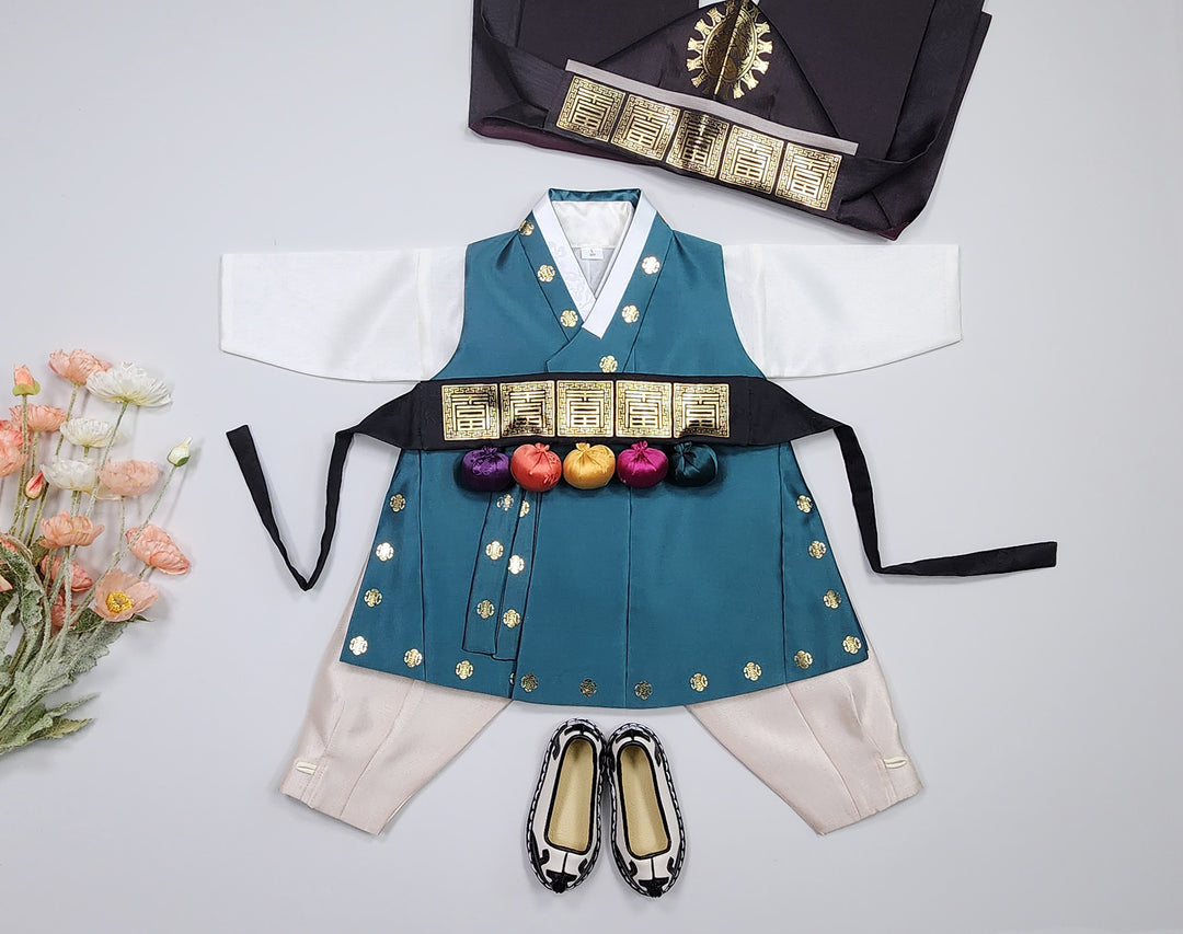 Korean Traditional Hanbok Boy Baby Dol Baikil Party Celebration 100th-10 Ages 1st Birthday Blue-Green GHB202