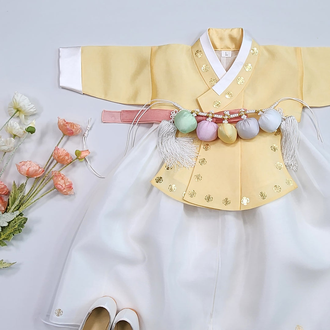 Korea Traditional Hanbok Girl Baby Yellow Gold Print Baikil 1–10 Years 1st Birthday Party GOG205