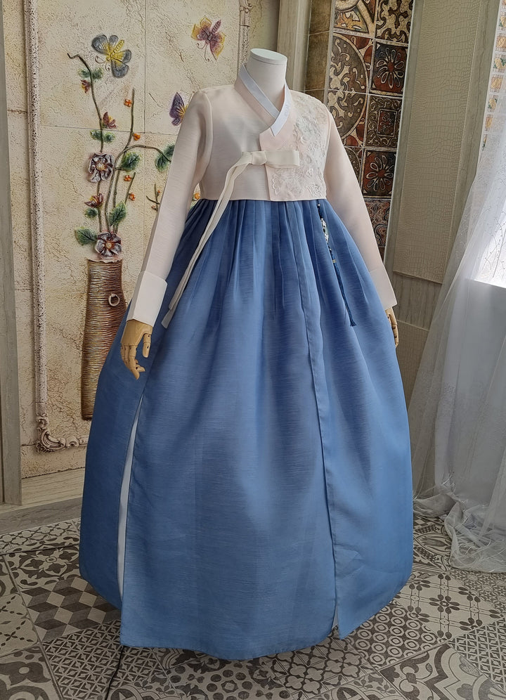 Korean Traditional Woman Personal Custom Hanbok Wedding Party Ceremony Ivory Embroidery Blue Skirt Mom Grandmom Hanbok OSW133