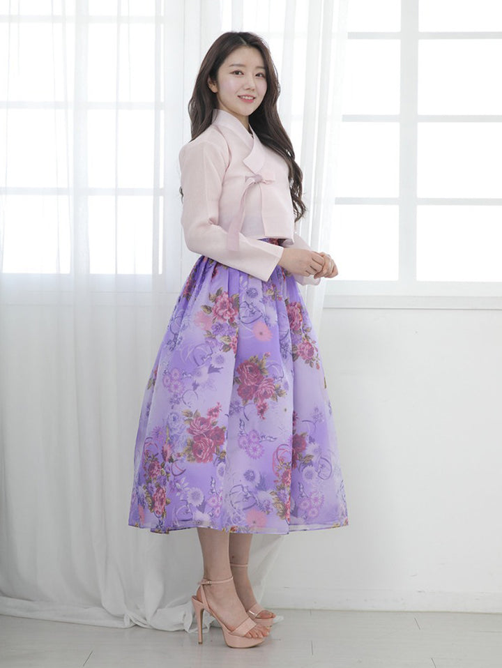 Korean Modern Daily Hanbok Casual Modernized Party Celebration Dress Top Jeogori Skirt Light Pink Violet SSN015