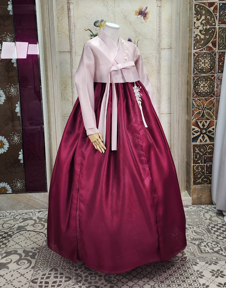 Korean Traditional Woman Personal Custom Hanbok Wedding Party Ceremony Pink Wine Hanbok OSW010