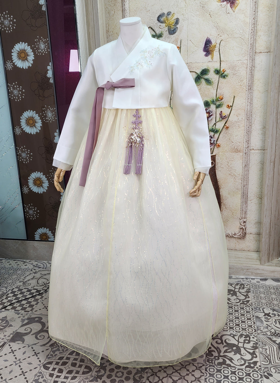 Korean Traditional Woman Personal Custom Hanbok Wedding Party Ceremony Ivory Yellow Beads Skirt Hanbok 317