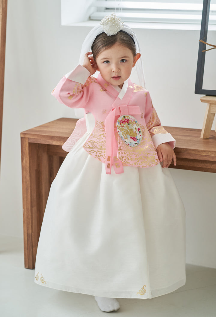 Hanbok Dress Girl Baby Korea Traditional Clothing Set First Birthday Celebration Party Celebration 1–8 Years Ivory Pink Fancy Gold Print OS107