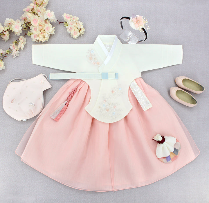 Hanbok Girl Baby Korea Traditional Clothing Set First Birthday Celebration Party Celebration 1–8 years Ivory Peach Embroidery DGH108