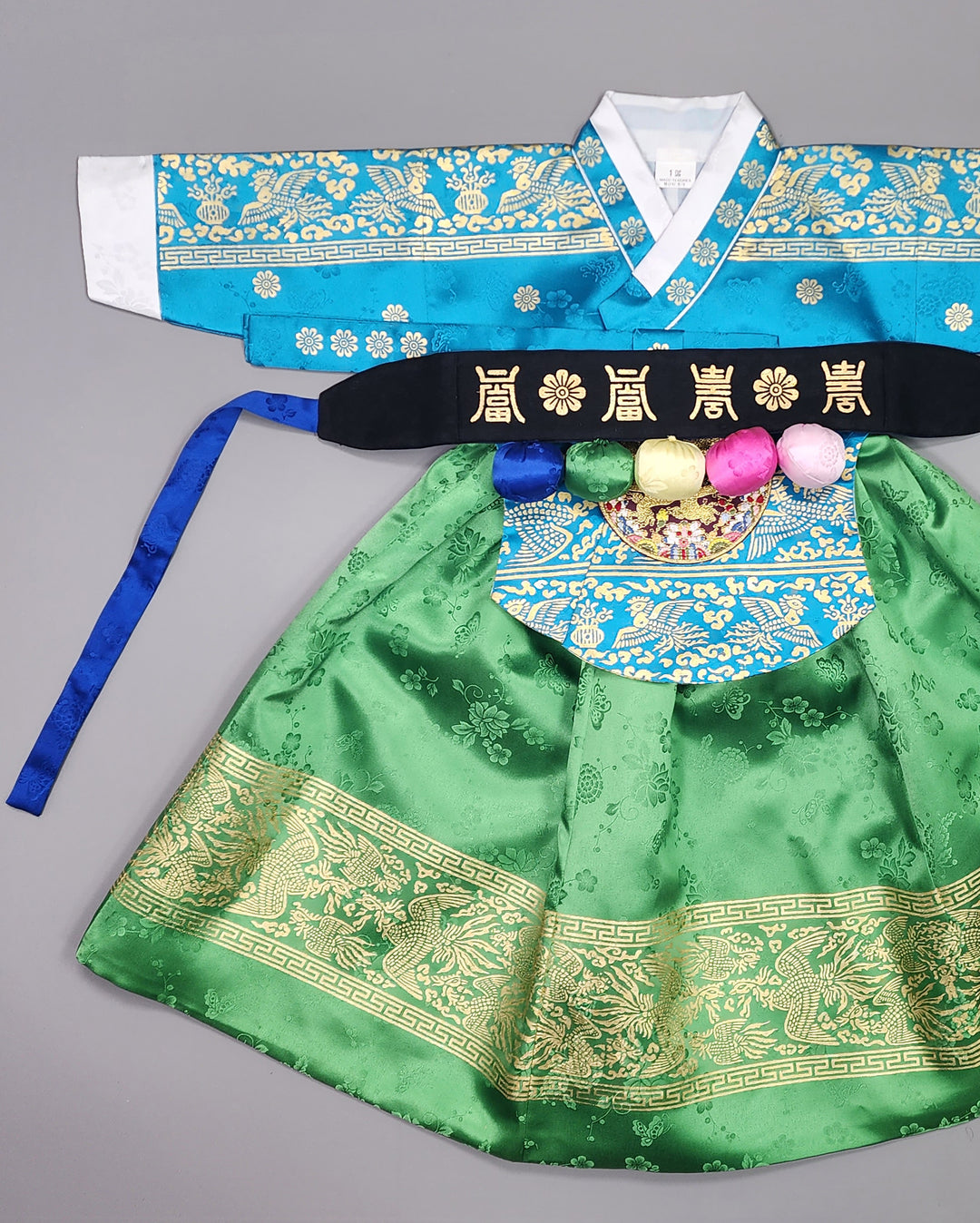 Hanbok Girl Baby Korea Traditional Clothing Set First Birthday Celebration Party Celebration 1–10 Years Blue Green Skirt Gold Print HG123