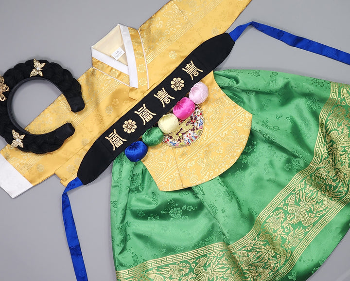 Hanbok Girl Baby Korea Traditional Clothing Set First Birthday Celebration Party Celebration 1–10 Years Green Skirt Gold Print HG121